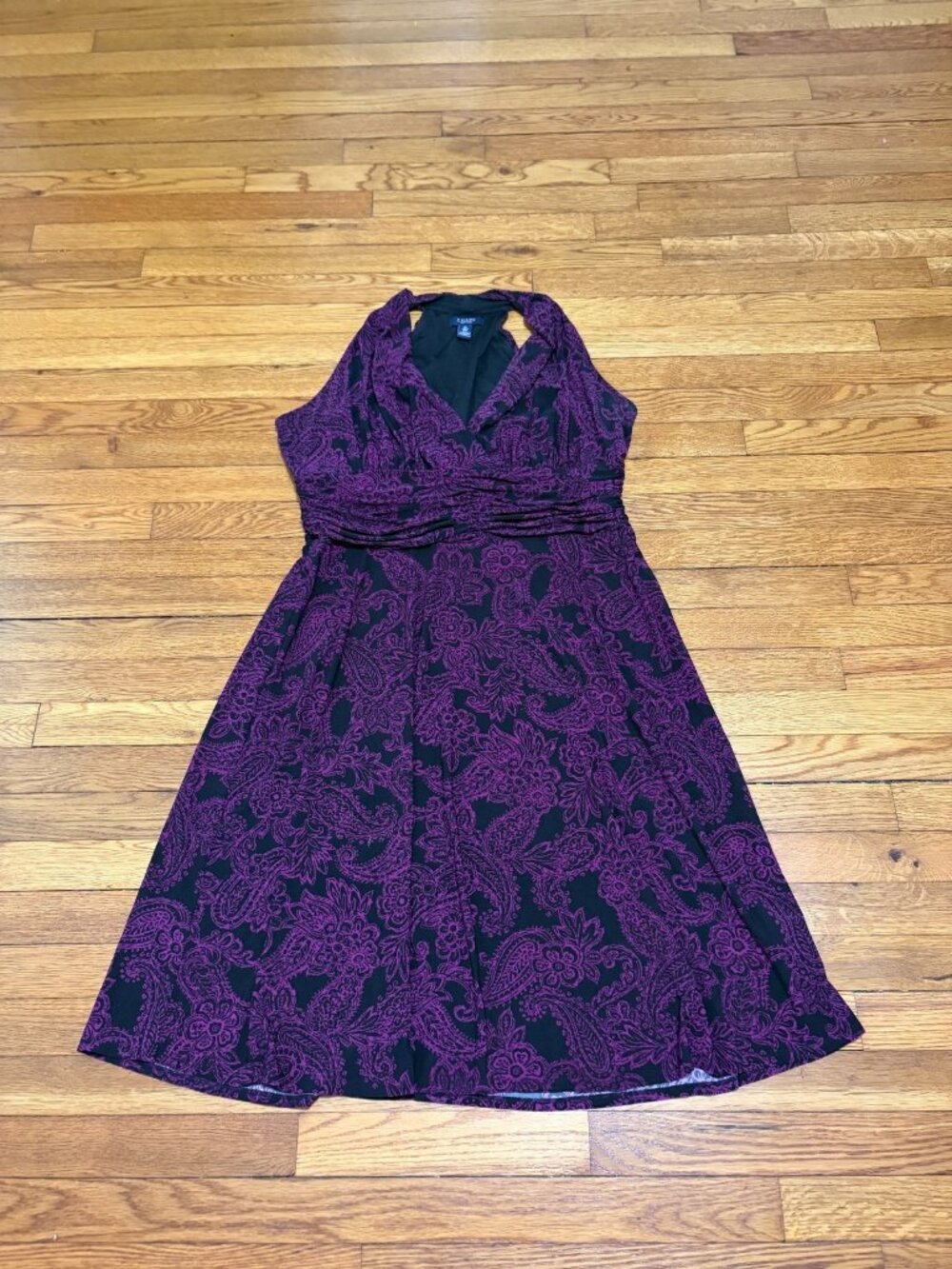 Chaps Halter Sleeveless Midi Dress Womens Sz XL Purple Black Paisley Stretch